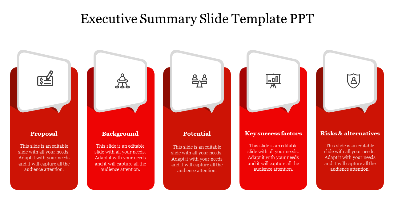 Executive summary slide with five red speech bubble designs, each featuring an icon and  captions areas.