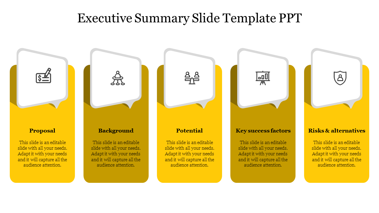 Five vertical panels in yellow featuring a white speech bubble icon at the top, aligned across the slide.