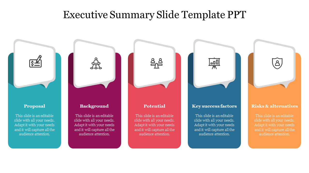 Slide featuring an executive summary with five icons and colorful text sections.