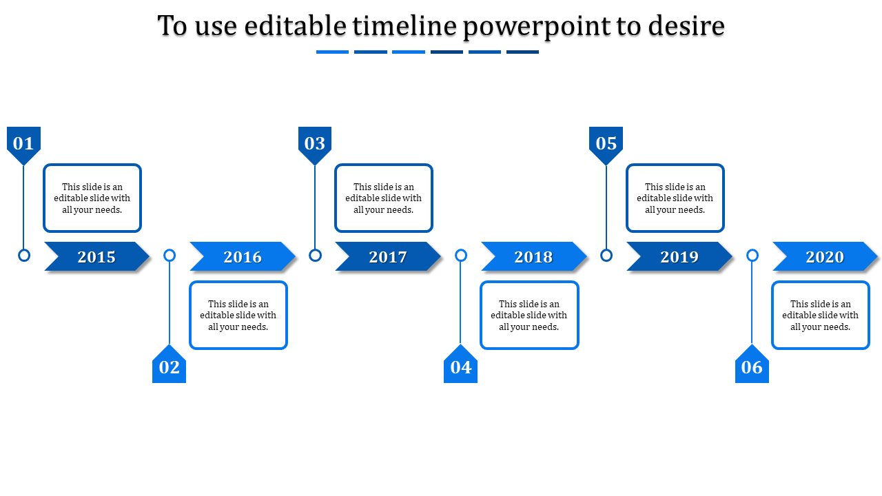 Blue timeline with alternating arrow shapes and rectangular text boxes connected by lines on a white background.