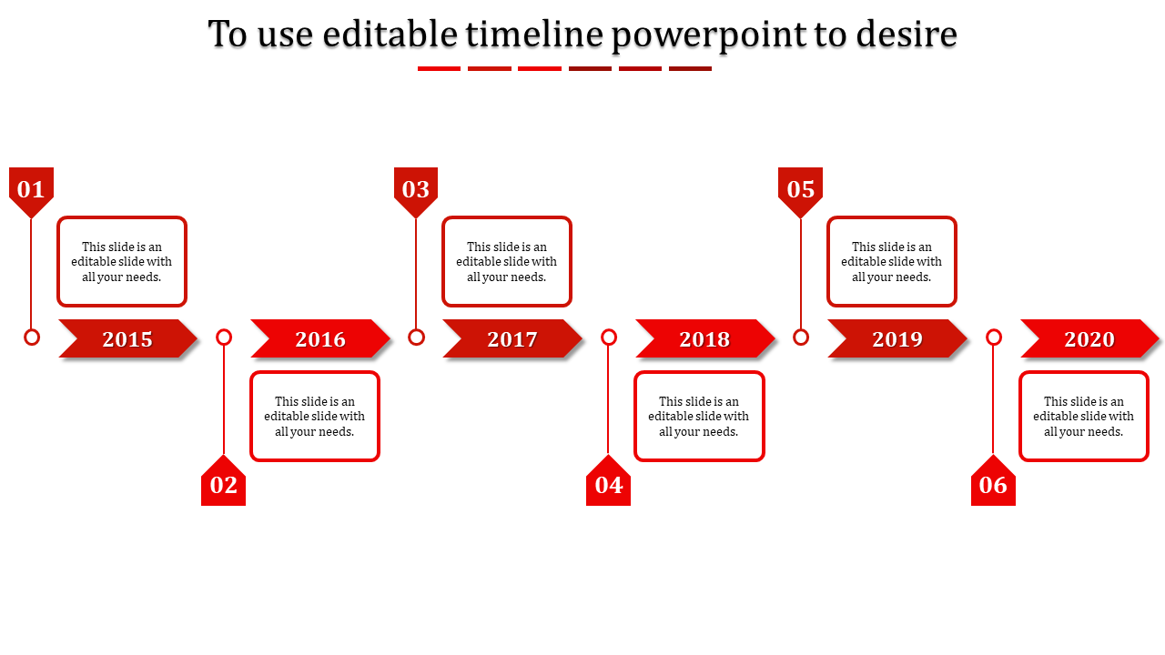 Red PowerPoint timeline slide with years from 2015 to 2020, each year linked with text placeholders.