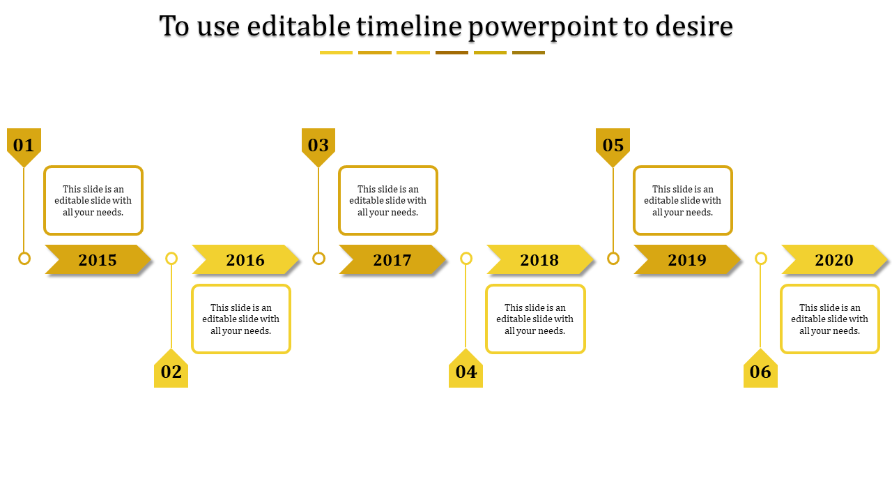 Linear timeline with alternating yellow arrows and outlined boxes, showcasing sequential milestones on a clean layout.