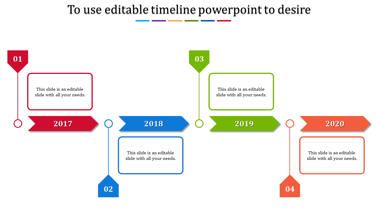 Timeline with four colored arrows, each marked with numbers and text box for years from 2017 to 2020.