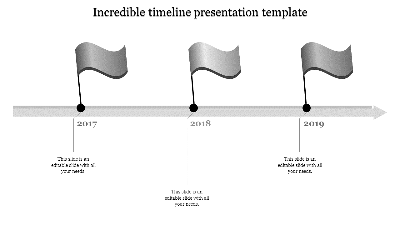 Gray timeline with three black nodes and flag markers positioned on a horizontal arrow, highlighting years 2017 to 2019.