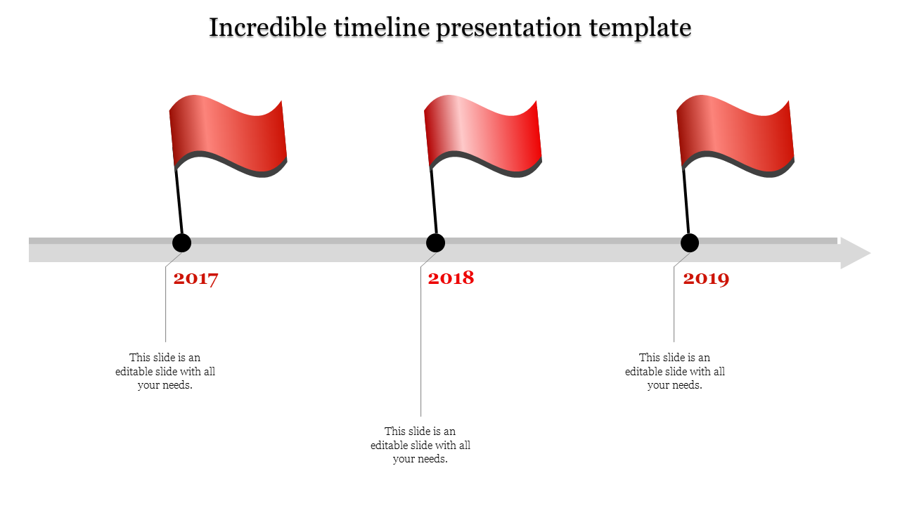 A gray timeline with red flags for the years 2017, 2018, and 2019, each with placeholder captions below.