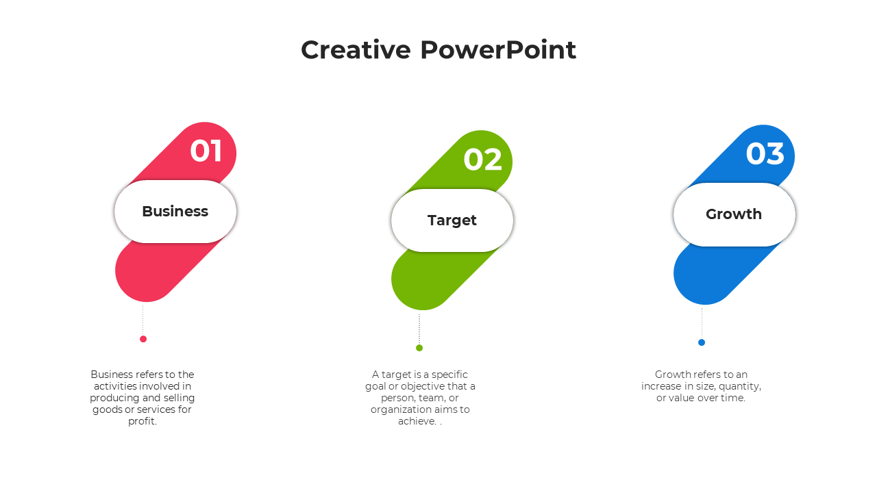 Creative PowerPoint slide with numbered steps 1 to 3 representing business, target, and growth, each with a description.