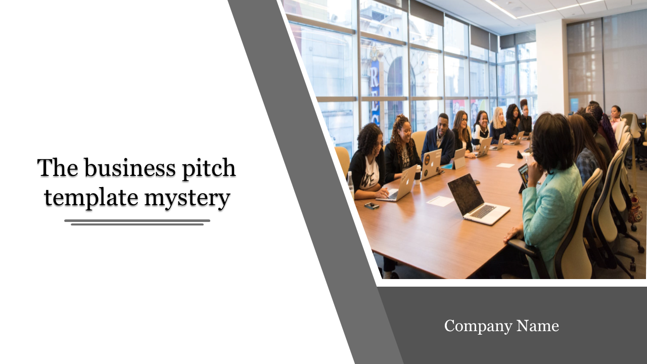 Business pitch PPT slide with a diverse group of professionals in a meeting room using laptops with a grey border.