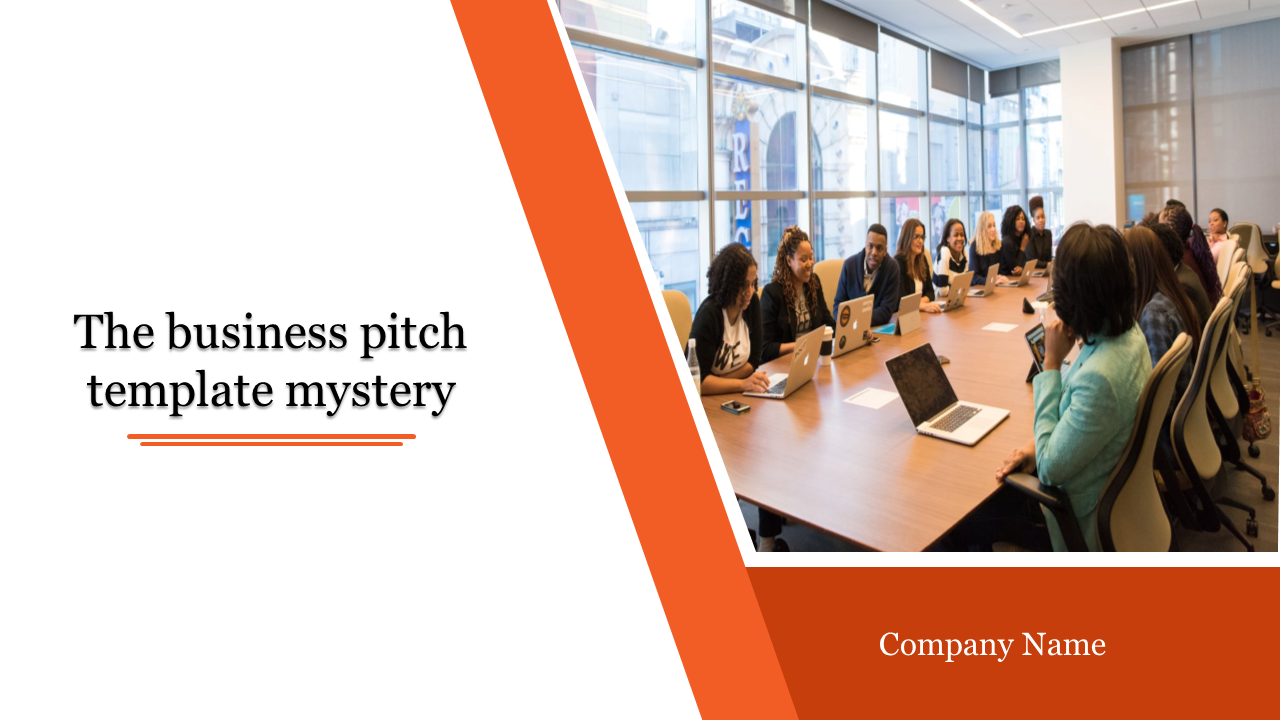 Business pitch PPT slide with a diverse group of professionals in a meeting room using laptops with an orange border.