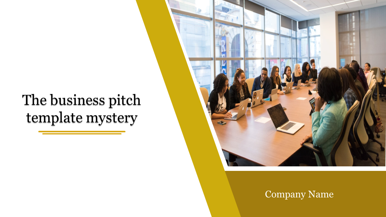 Business pitch presentation slide with a team of professionals gathered around a conference table.