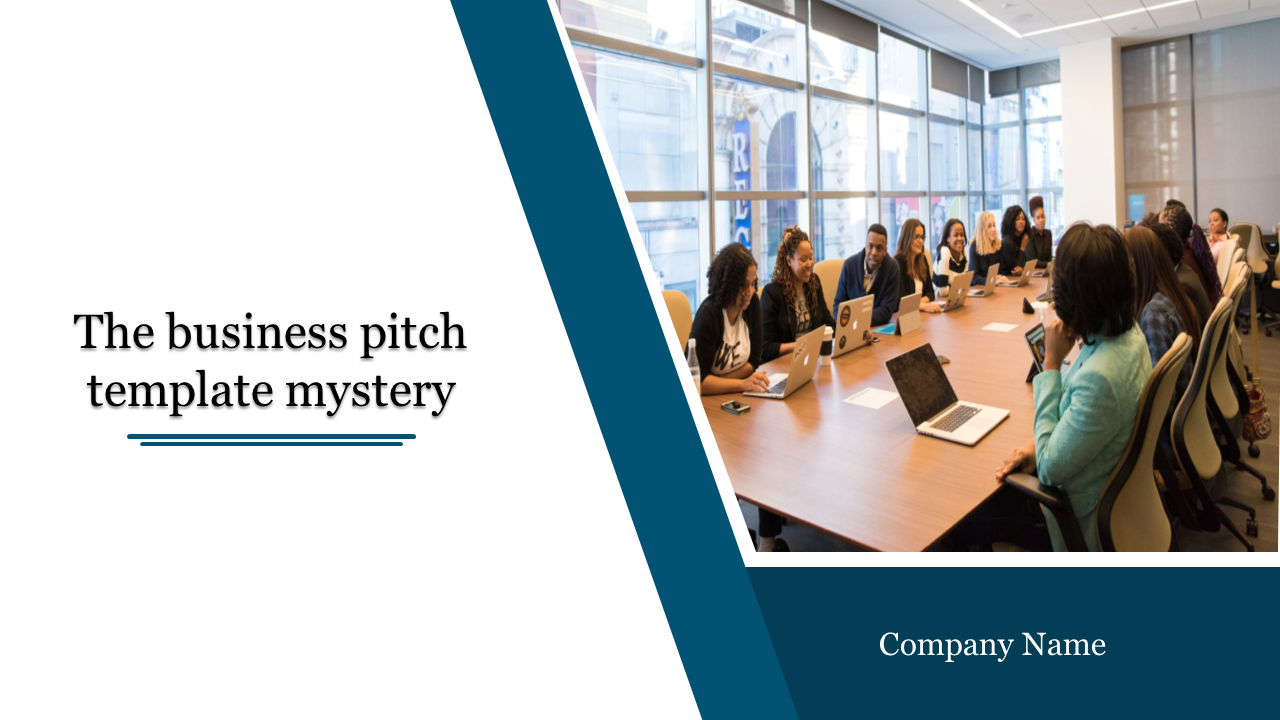 Business pitch slide with a split layout of a meeting photo on the right and text with a dark blue accent on the left.