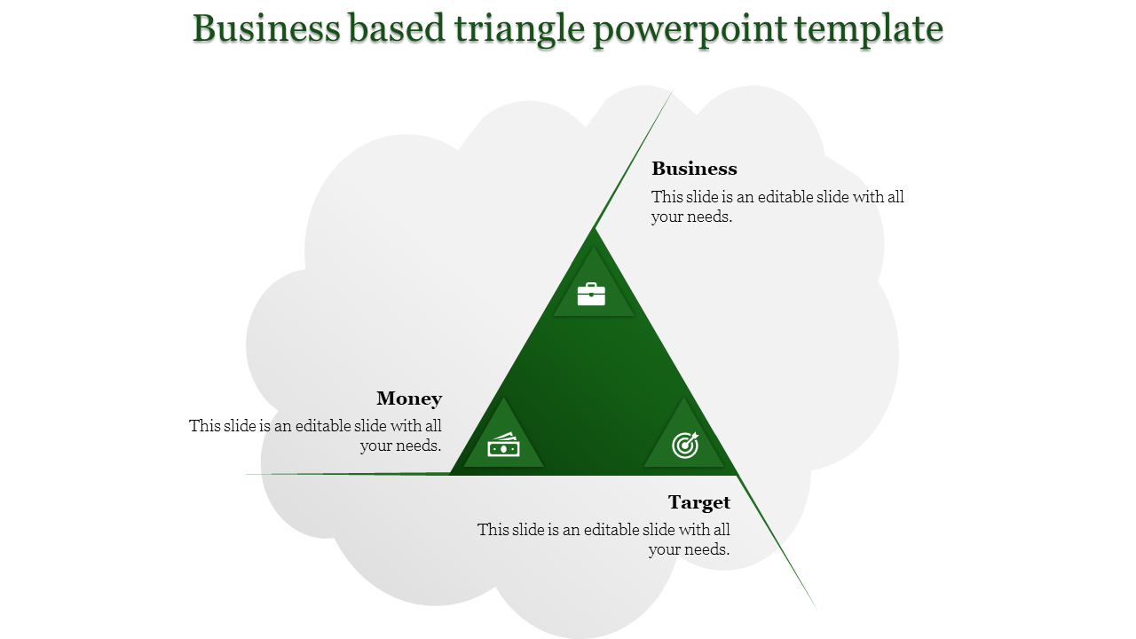 Business triangle slide featuring a green triangle divided into sections Business, Money, and Target, with icons and text.