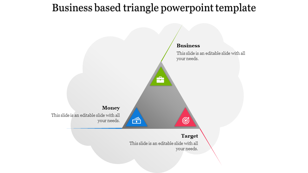 Business PPT template featuring a triangle with Business, Money, and Target concepts in different color coded sections.