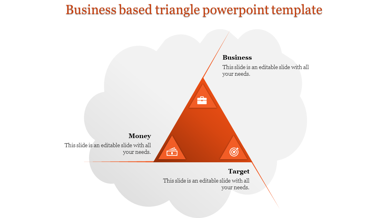 Triangular chart with business, money, and target sections, each placed with an icon and placeholder text areas.