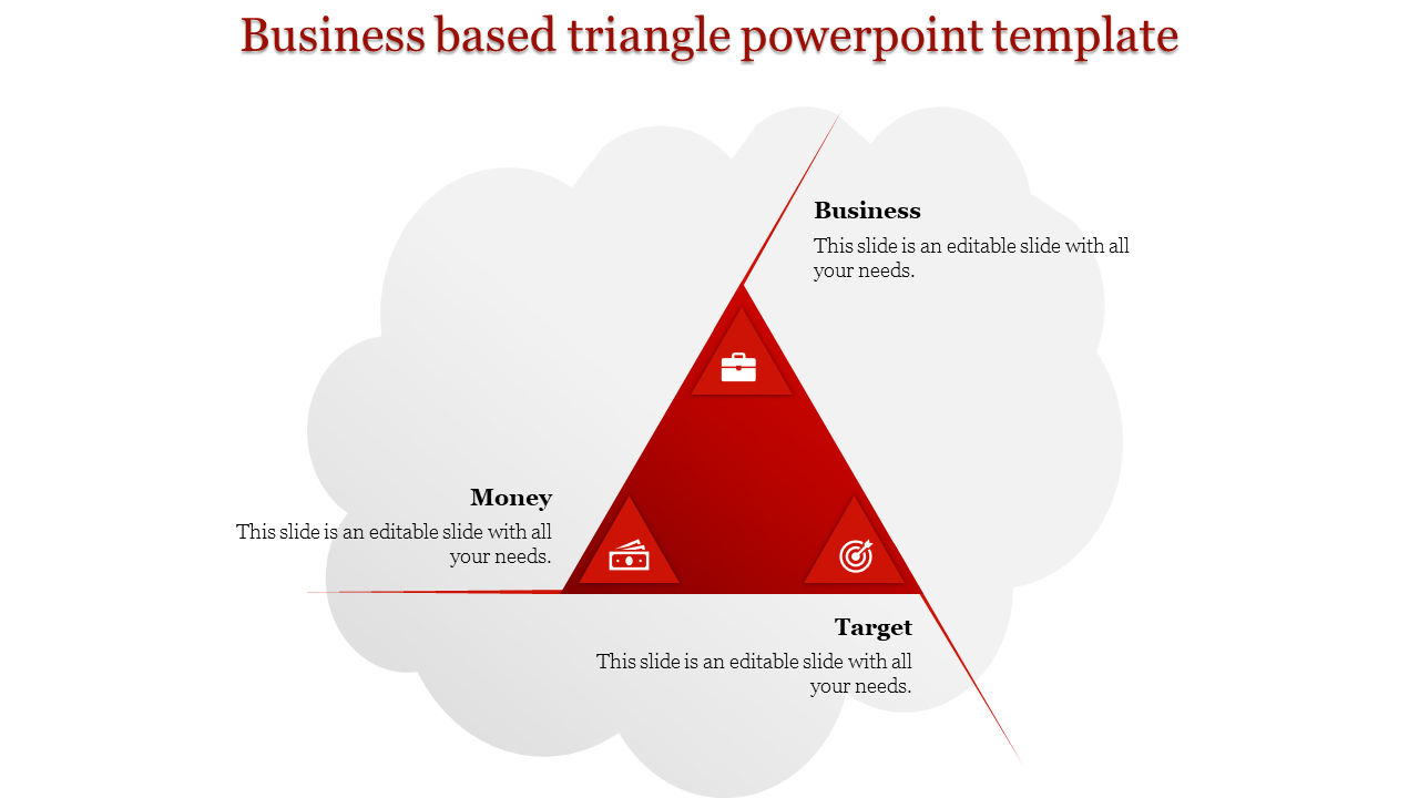 A red triangular diagram with business, money, and target icons, set against a cloud like background.