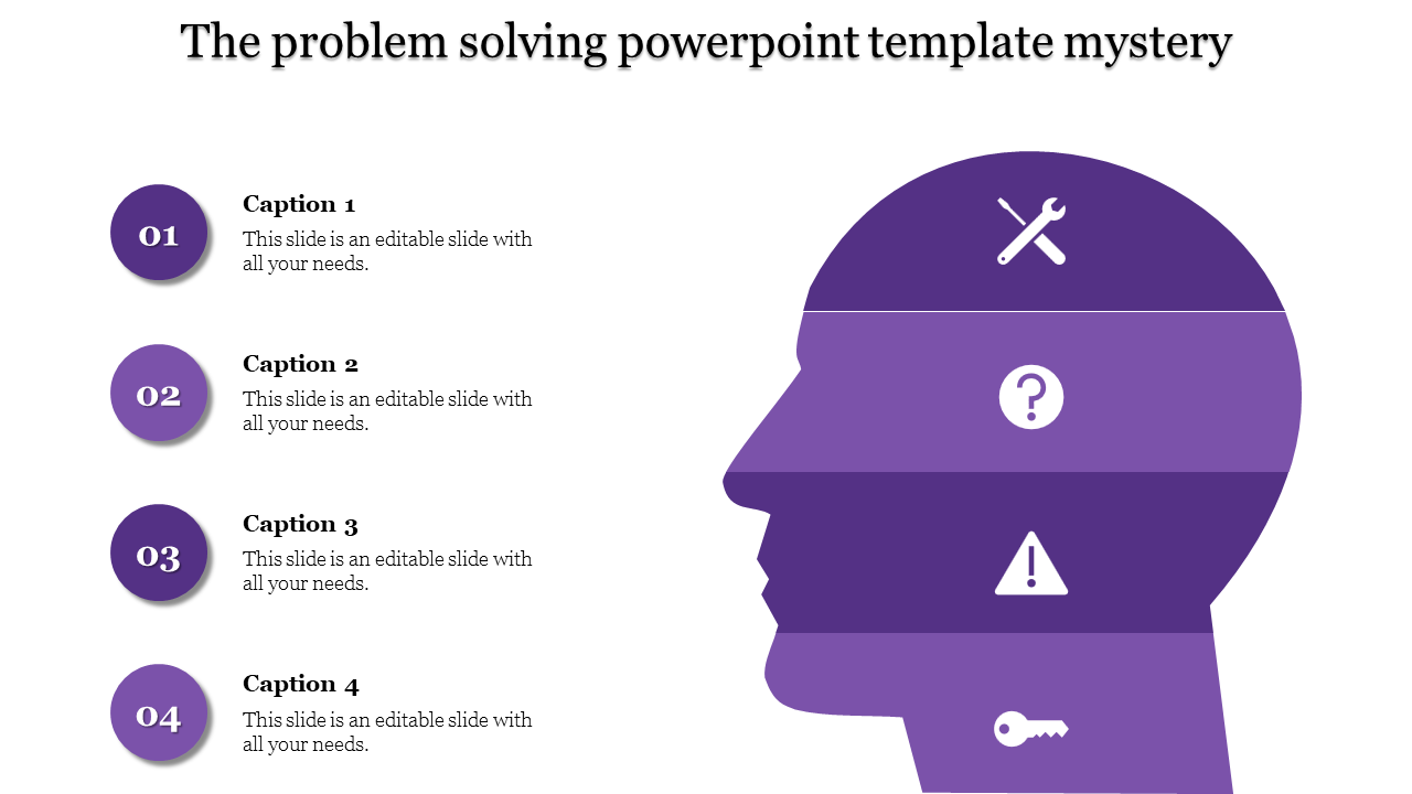 Purple themed problem solving slide with steps including tools, questions, warnings, and solutions represented with icons.