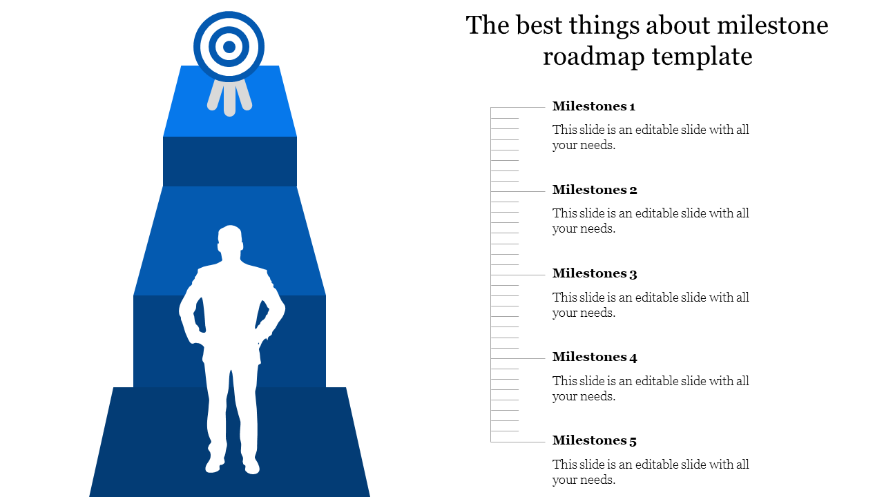 Roadmap template illustrating goal progression with a figure on steps and five milestones described on the side.