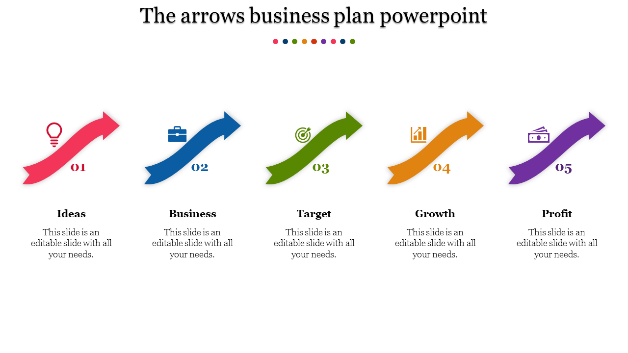 Business plan slide with five curved arrows in red, blue, green, orange, and purple, each linked to an icon and text.