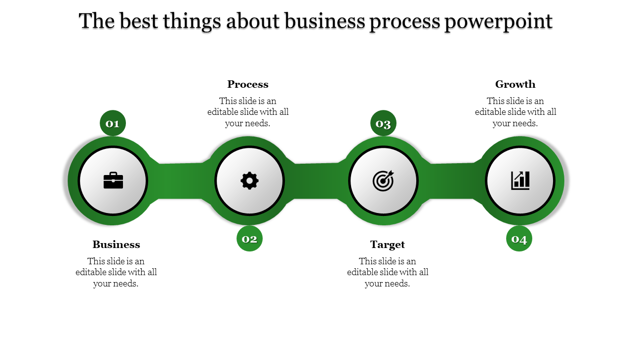 Business process PowerPoint slide with stages of Business, Process, Target, and Growth with green icons and placeholder text.