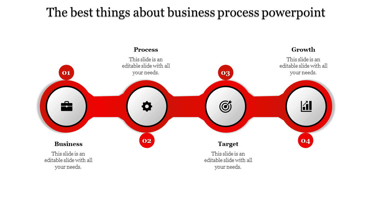 Business process PowerPoint slide with stages of Business, Process, Target, and Growth with red icons and placeholder text.