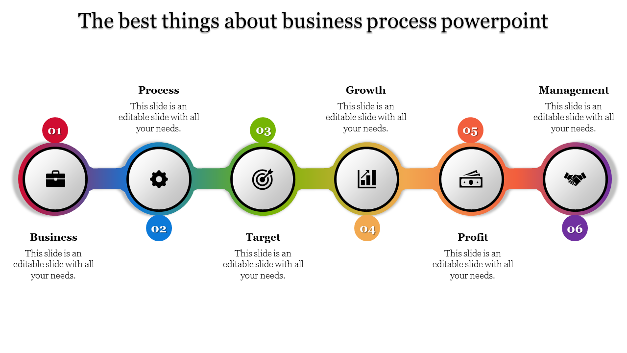 Business process PPT slide with colorful icons representing business, process, target, growth, profit, and management.