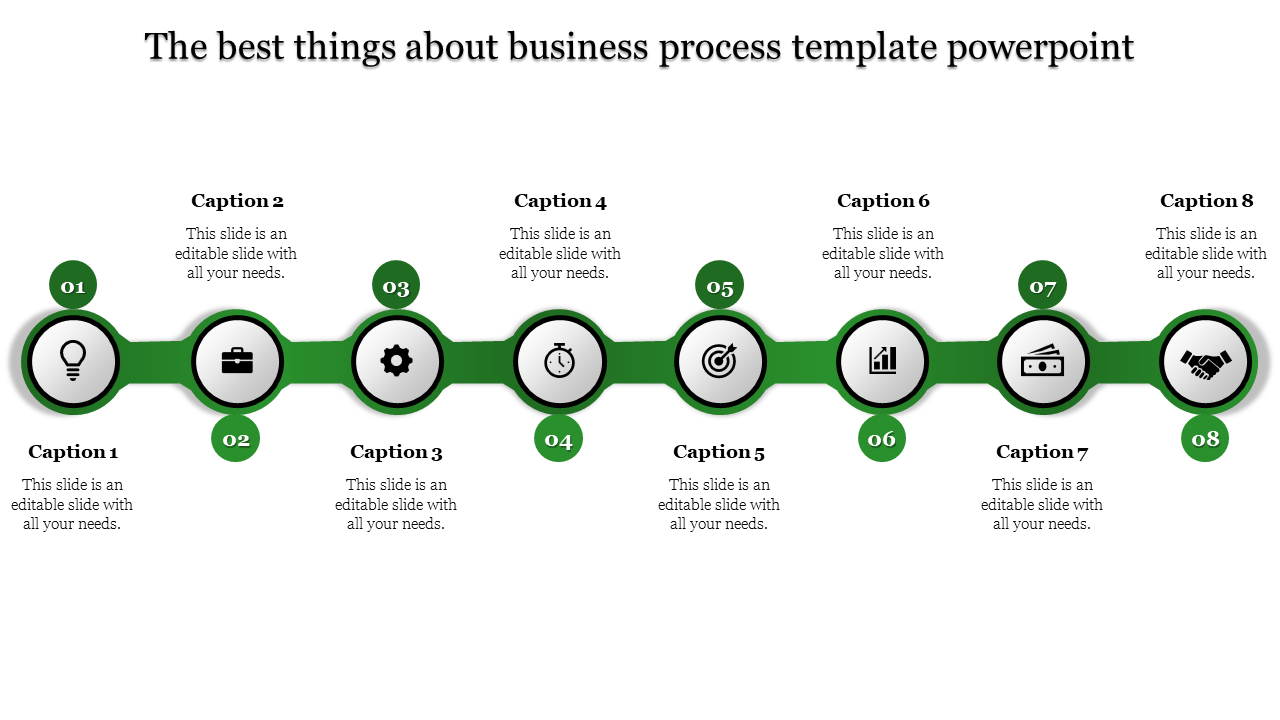 Horizontal business process diagram with eight circular icons in green, representing various steps in the process.