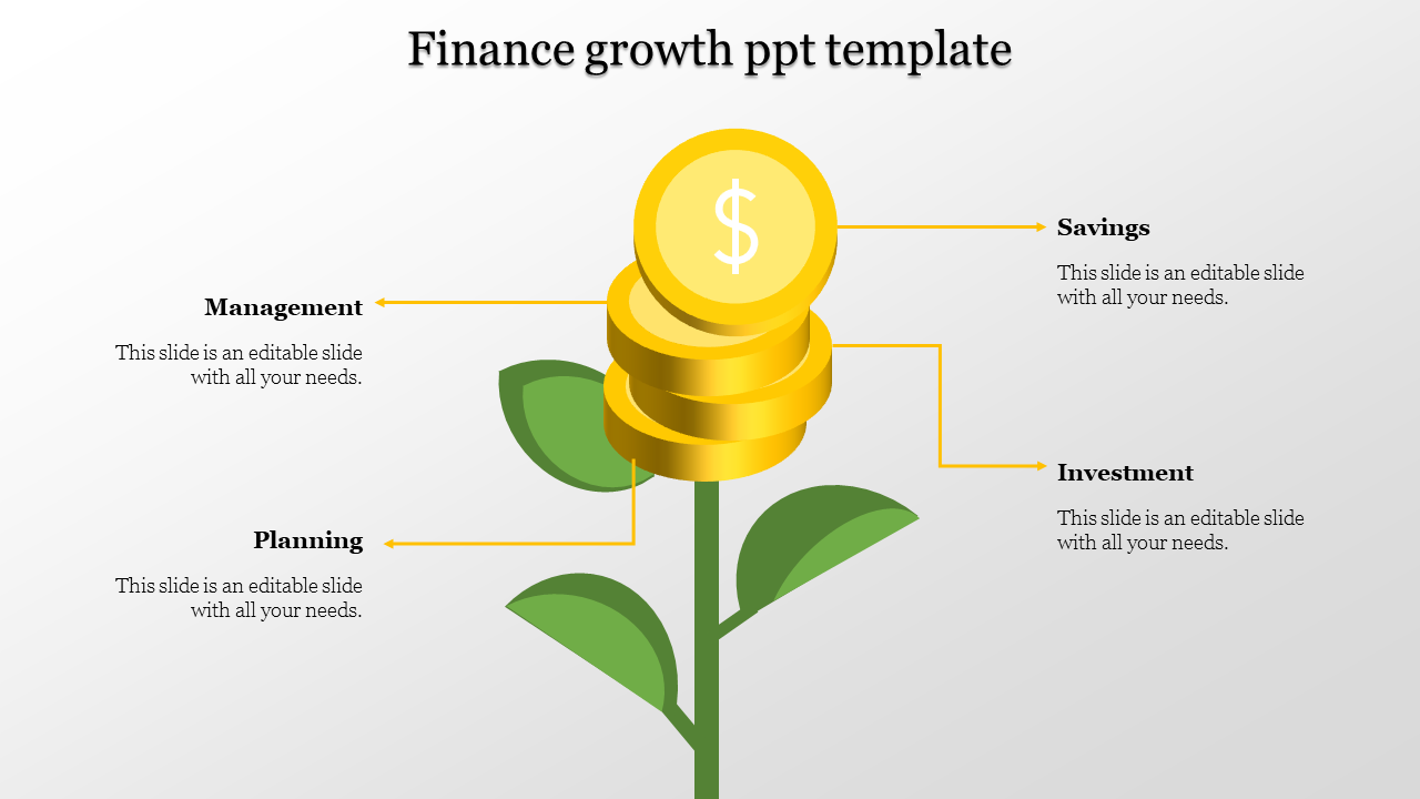 Finance growth template showing a plant with four stacked gold coins on top, representing financial growth concepts.