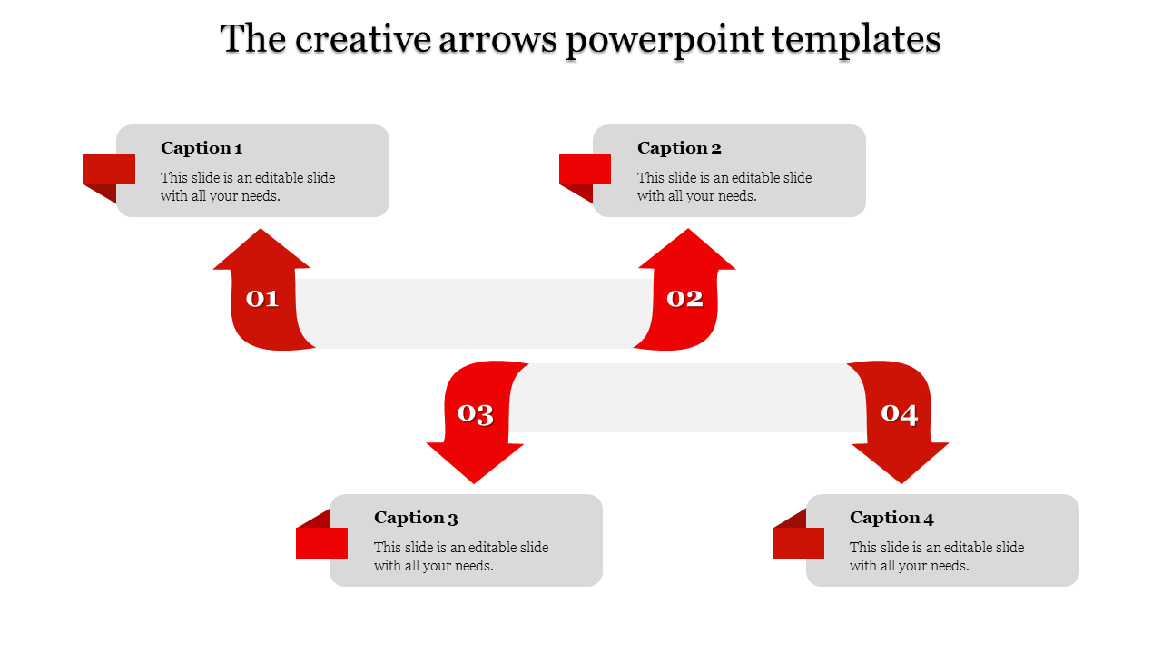 Creative arrows template with four numbered steps, each linked to a caption box containing placeholder text.