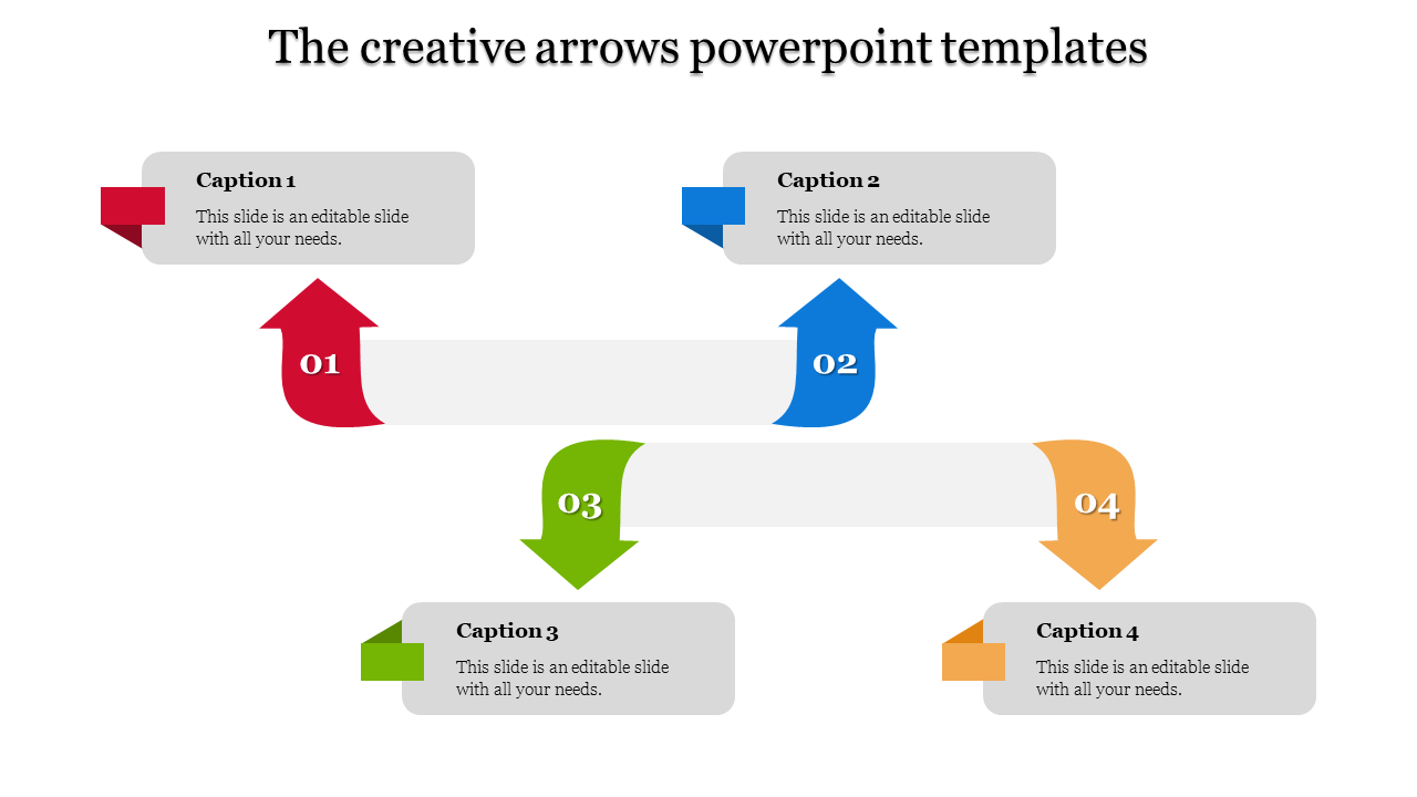 Creative slide with four curved arrows in red, blue, green, and orange, each linked to a caption box on a white background.