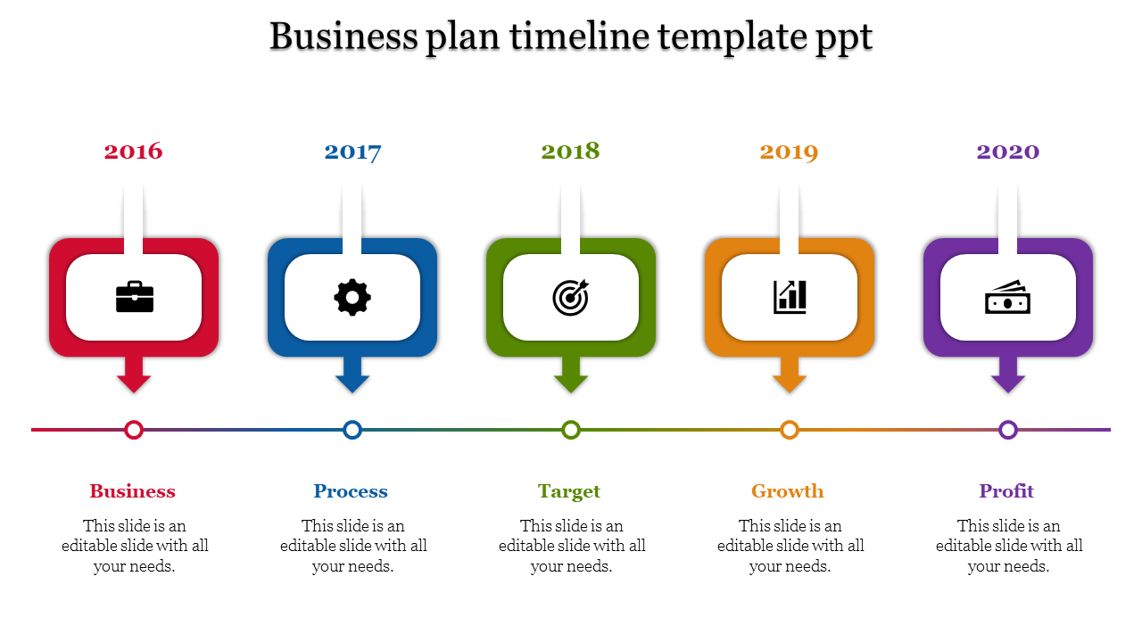 Timeline featuring five colored squares in red, blue, green, orange, and purple, each with icons, in a horizontal line.