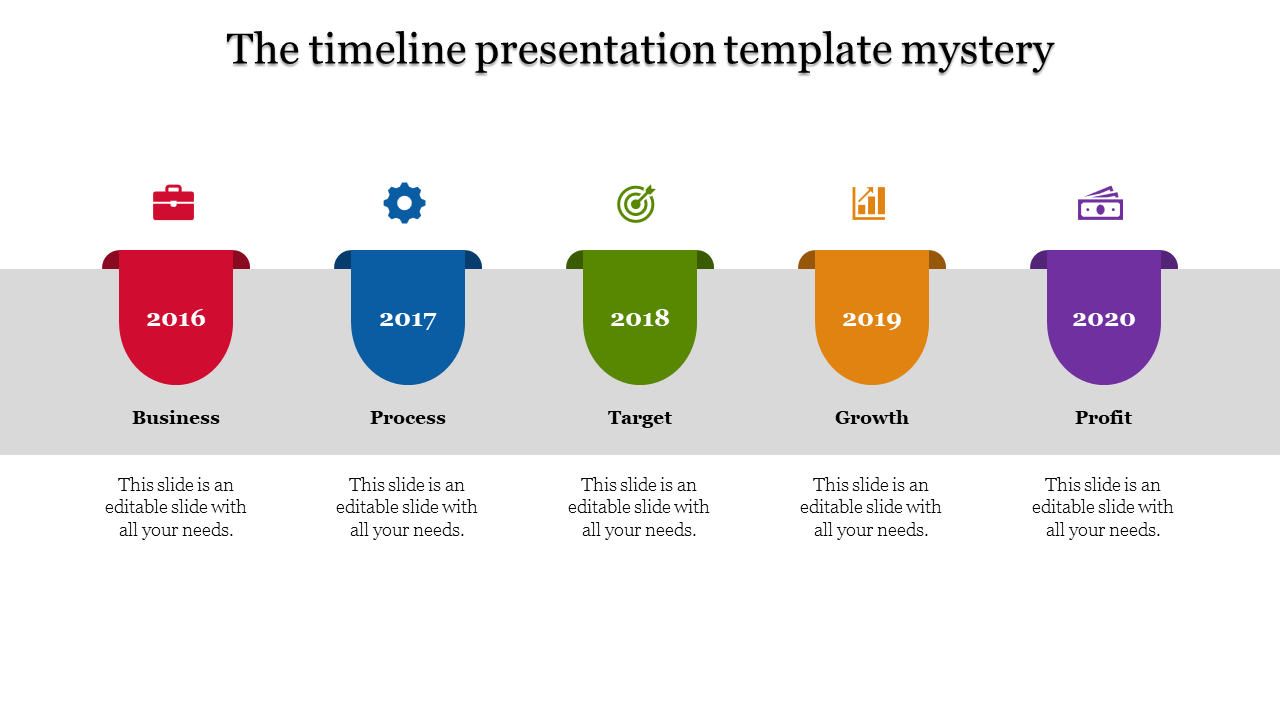 Colorful timeline with five years marked by vibrant tab like shapes in red, blue, green, orange, and purple.