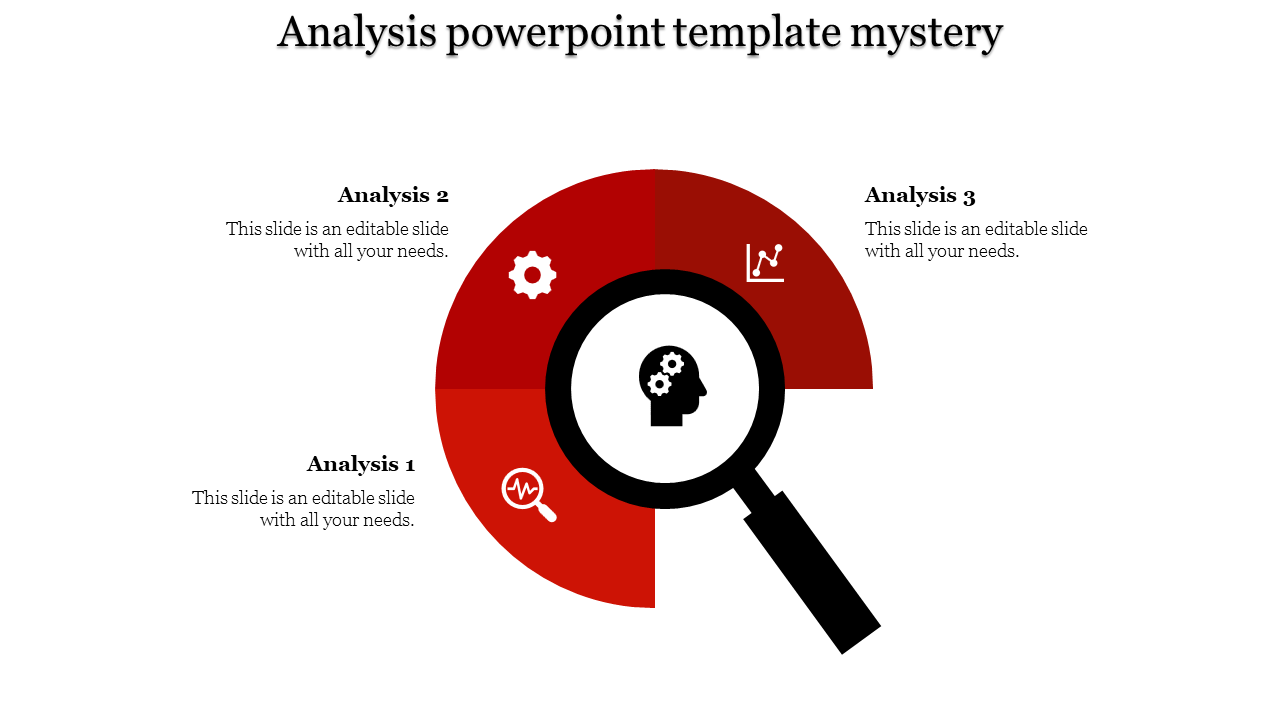 Red and black diagram with a magnifying glass focusing on three analysis sections with icons inside.