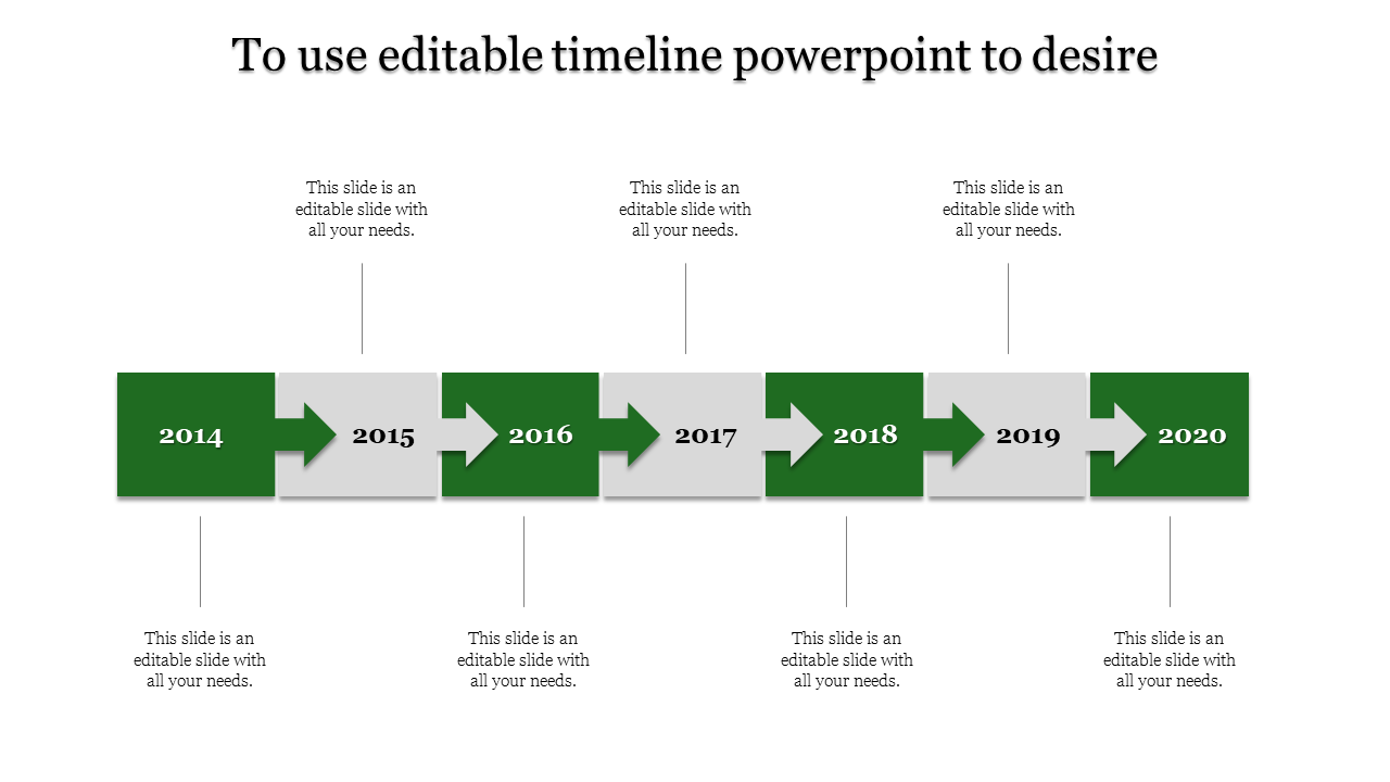 Horizontal timeline with arrow boxes showing years from 2014 to 2020 in green and gray segments.