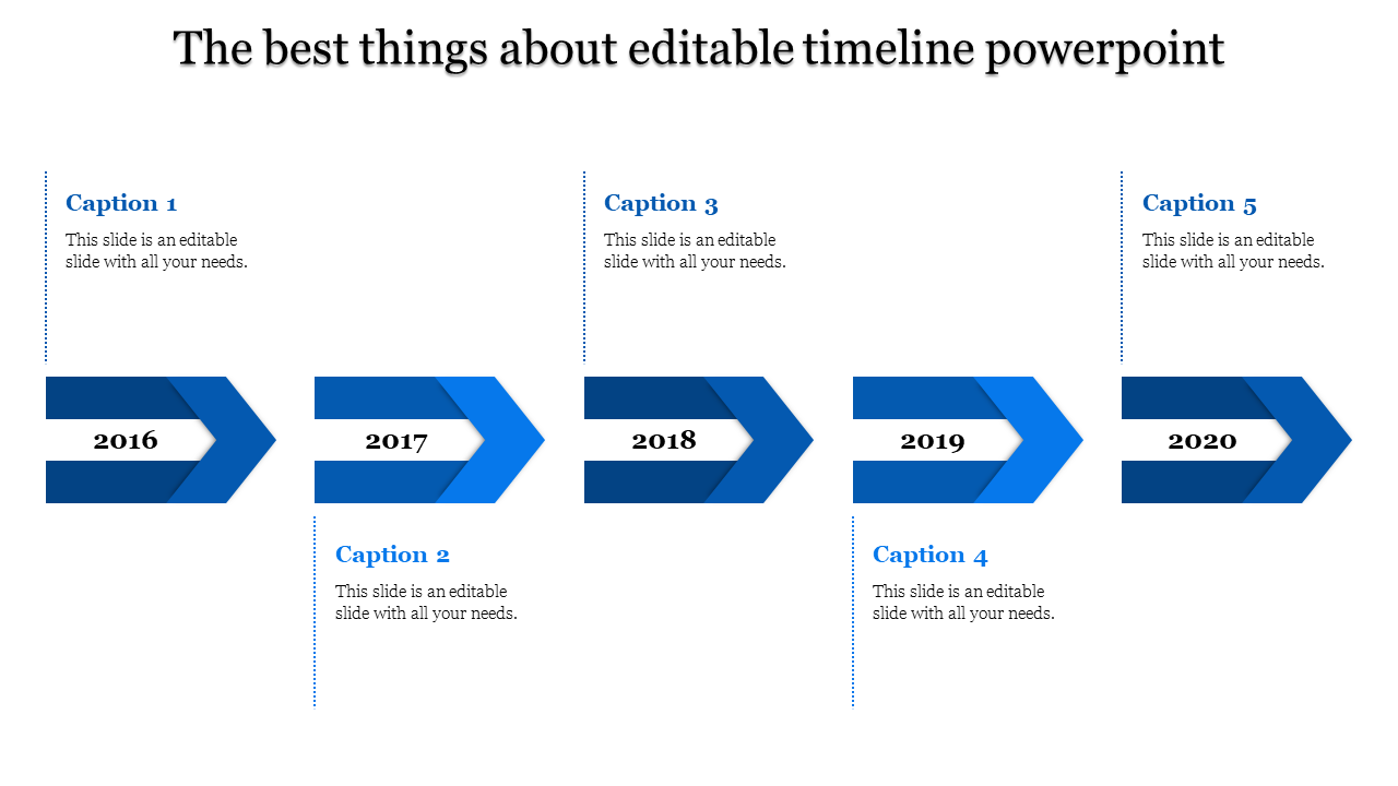 Timeline PowerPoint slide with blue arrows marking the years 2016 to 2020, accompanied by captions.