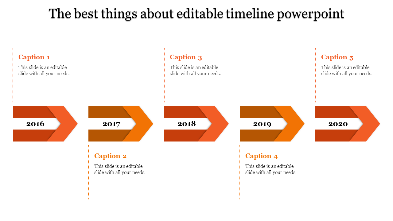 Timeline PowerPoint slide with orange arrows marking the years 2016 to 2020, along with corresponding captions.