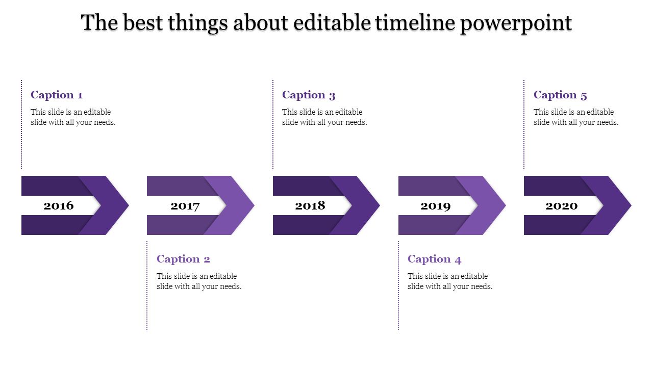 Slide with five purple directional arrows for the years 2016 to 2020, with space for text below and above.