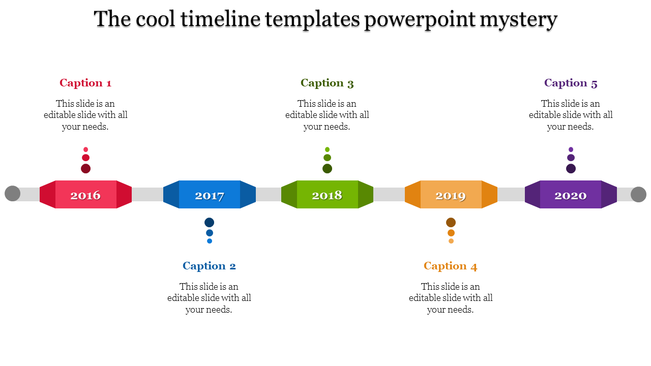 Timeline with year markers from 2016 to 2020 in red, blue, green, yellow, and purple, featuring captions and colored dots