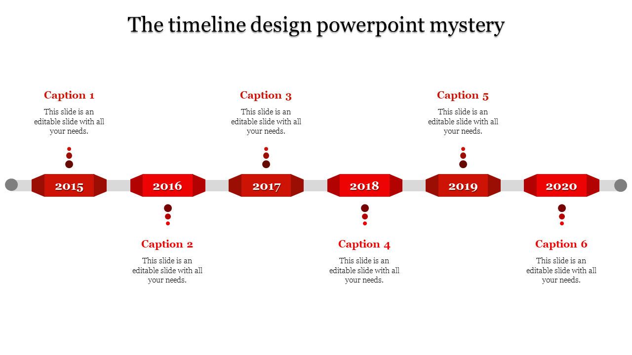 Horizontal timeline with red hexagons marking years 2015 to 2020, connected by gray lines, and caption areas.