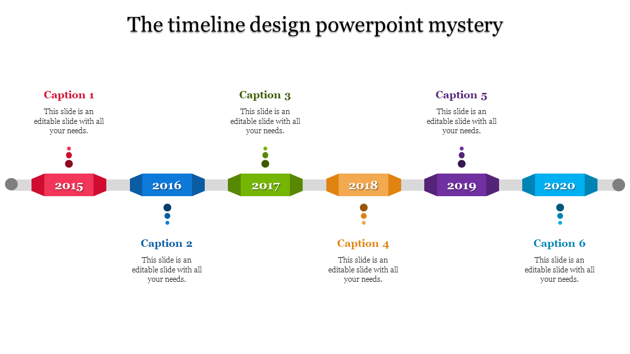 Cool timeline template with colorful markers for 2015 to 2020, each with corresponding caption sections.