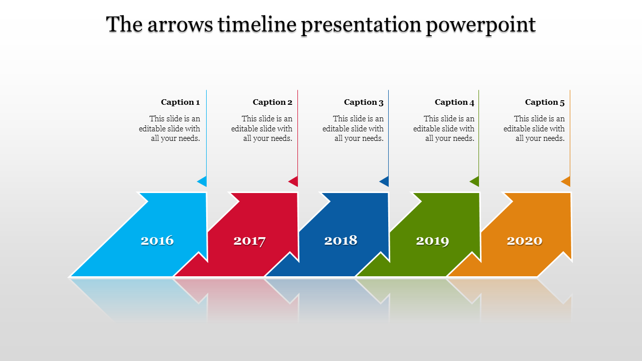 Timeline design PPT slide with colorful arrows representing the years 2016 to 2020, each accompanied by text fields.