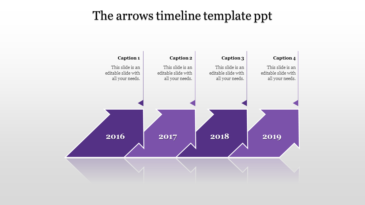 Horizontal timeline with four purple srrows pointing upward, marking years from 2016 to 2019, on a light gradient background.