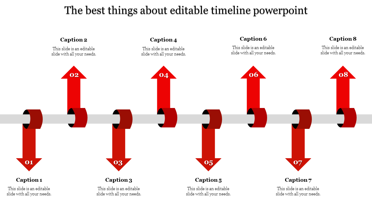 Horizontal timeline with red arrows pointing up and down, numbered 01 to 08, aligned along a central gray line.