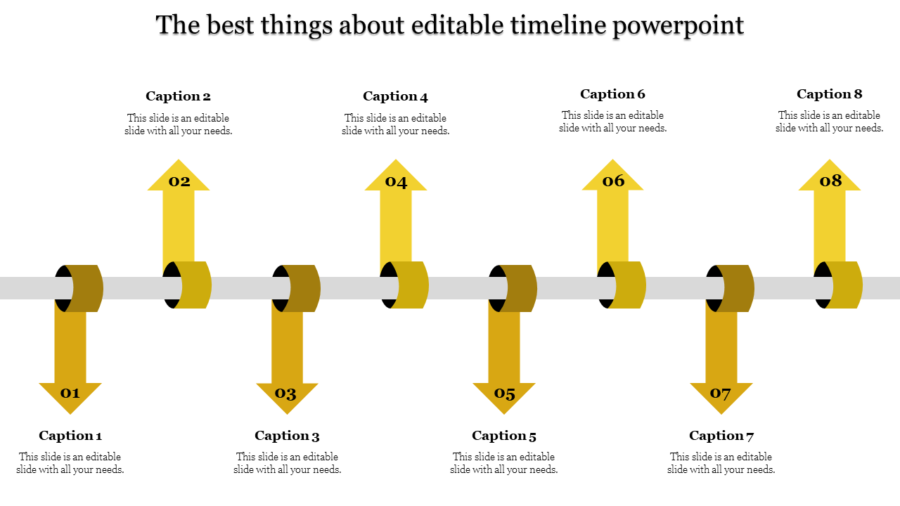 Timeline featuring eight numbered yellow arrows with circular loops arranged on a light grey horizontal bar.