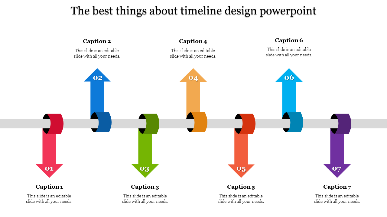 Timeline slide featuring seven colorful arrows in red, blue, green, yellow, orange, teal, and purple, arranged along a line.