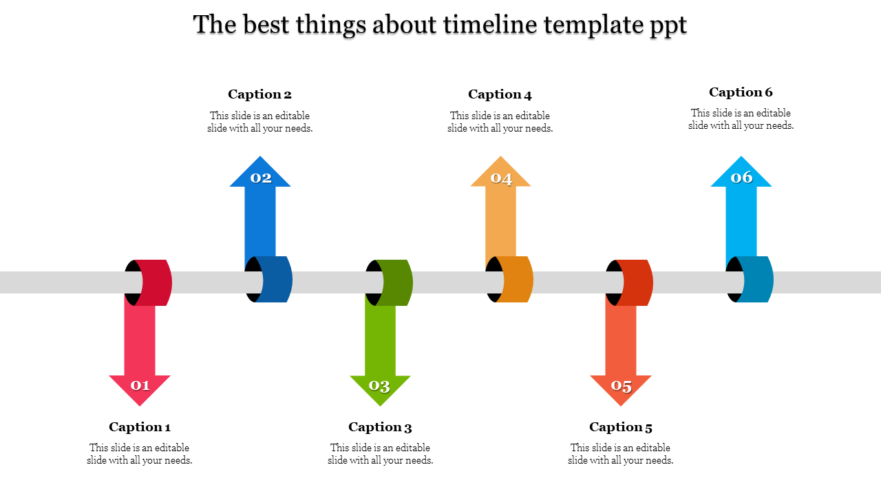 Horizontal timeline with six numbered arrows in roadmap, each in a unique color and paired with  caption areas.