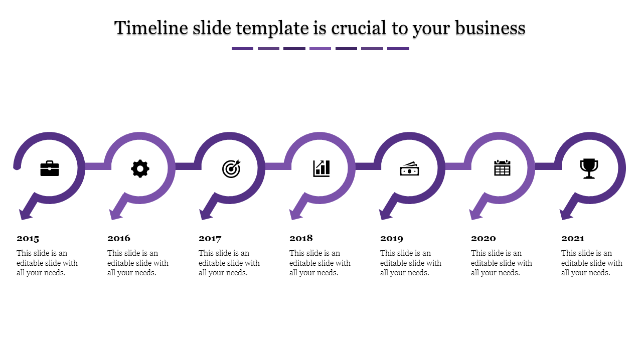 Purple timeline with arrows for years 2015 to 2021, each containing an icon and caption areas.