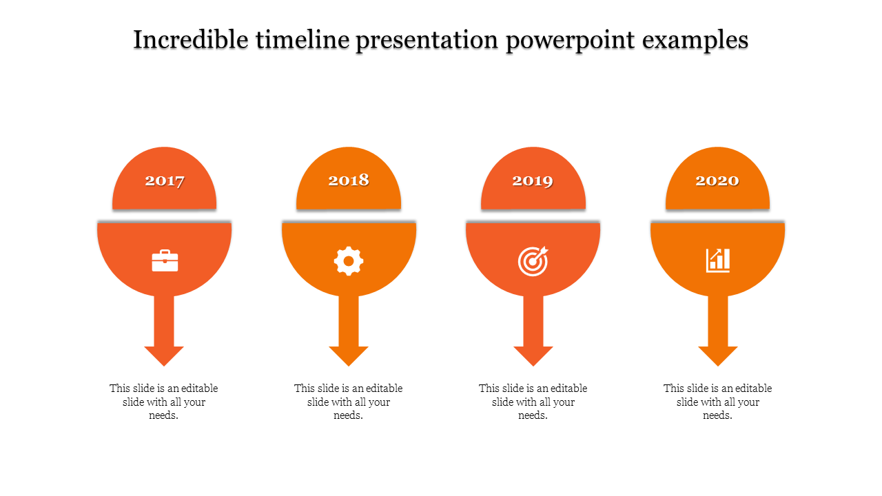 Horizontal timeline with four orange semicircle shapes showing years 2017 to 2020, with arrows pointing downward.