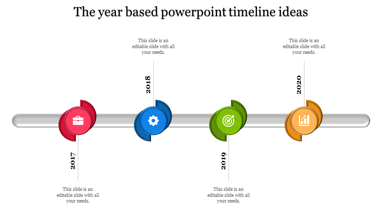 A year based timeline PPT slide featuring milestones from 2017 to 2020 with colorful icons representing different stages.