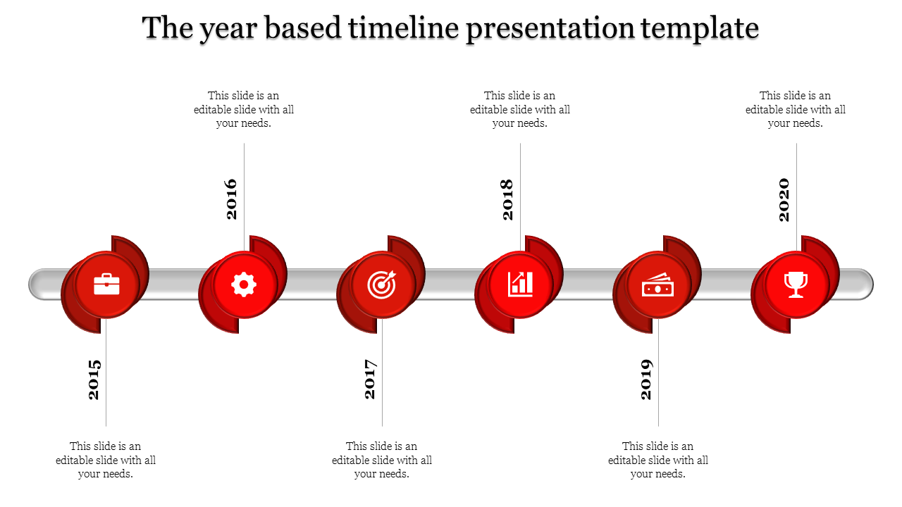 Horizontal timeline template with red circular markers highlighting key years from 2015 to 2020, featuring relevant icons.