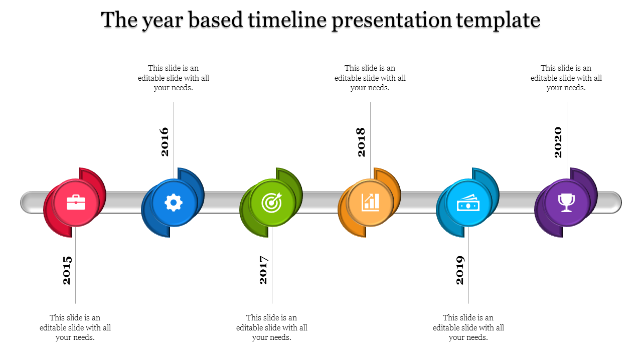 Timeline with circular markers in red, blue, green, orange, teal, and purple, connected by a silver bar from 2015 to 2020.