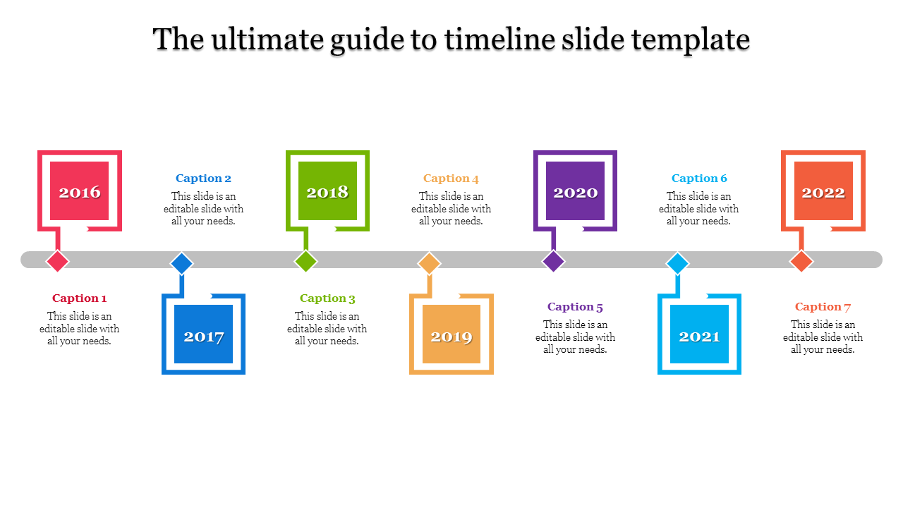 Timeline with alternating square markers in red, blue, green, yellow, purple, teal, and orange, years from 2016 to 2022.